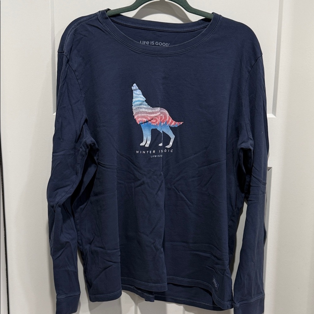 Life Is Good Navy Long-Sleeve Tee with Multicolor Wolf Graphic